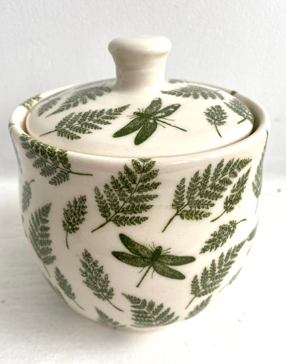 Porcelain Pottery SUGAR BOWL with Green Ferns and Dragonflies