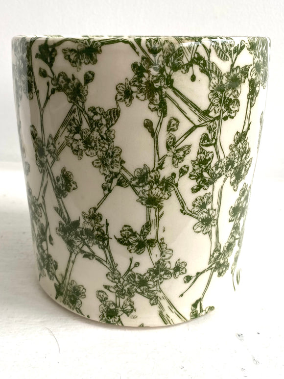 Porcelain Pottery Utensil Holder with Green Cherry Blossoms