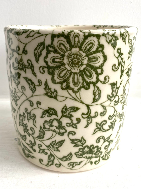 Porcelain Pottery Utensil Holder with Green Lotus Flowers in Arabesques