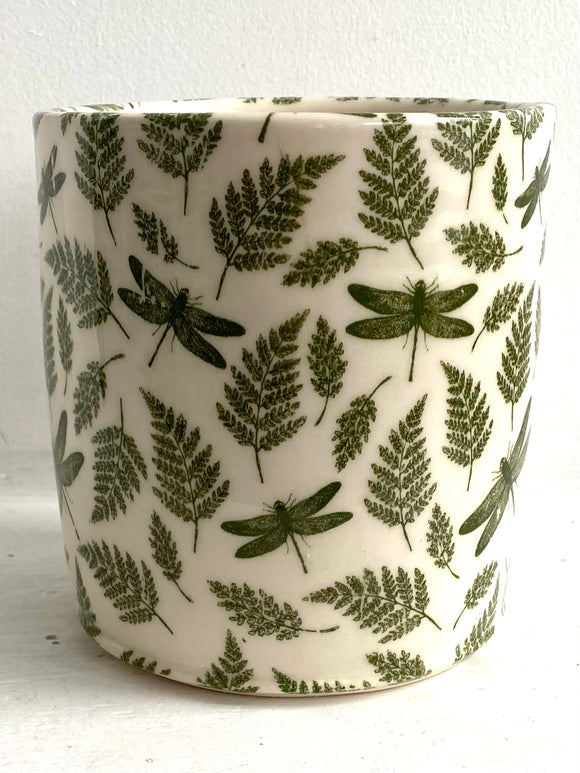 Porcelain Pottery Utensil Holder with Dragonflies and Ferns