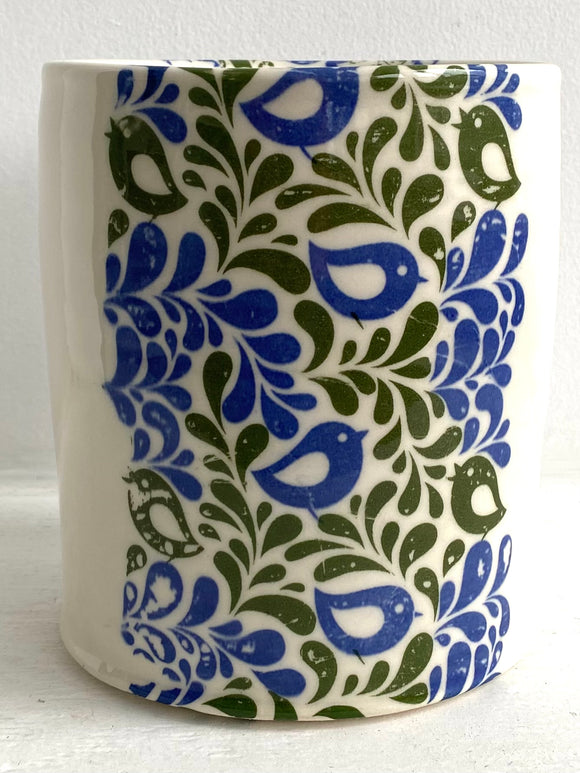 Porcelain Pottery Utensil Holder with Partridges in Blue/Green