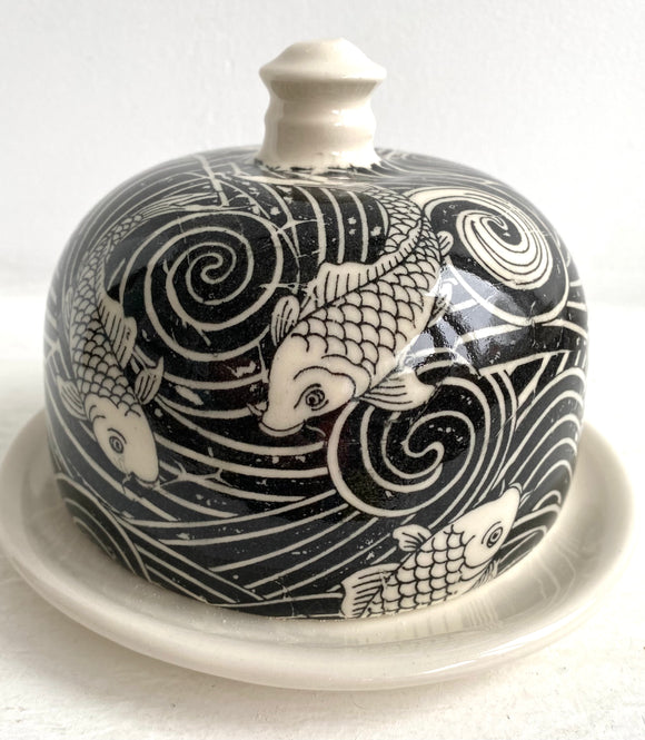 Butter Dish with Black Koi in Swirling Water