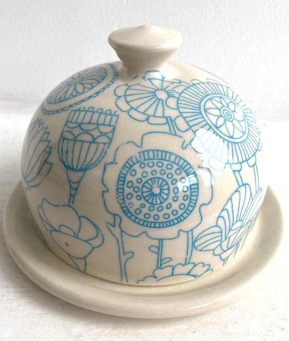 Butter Dish Turquoise Flowers