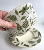 Berry Bowl Quart Size with Dragonflies and Ferns in Green