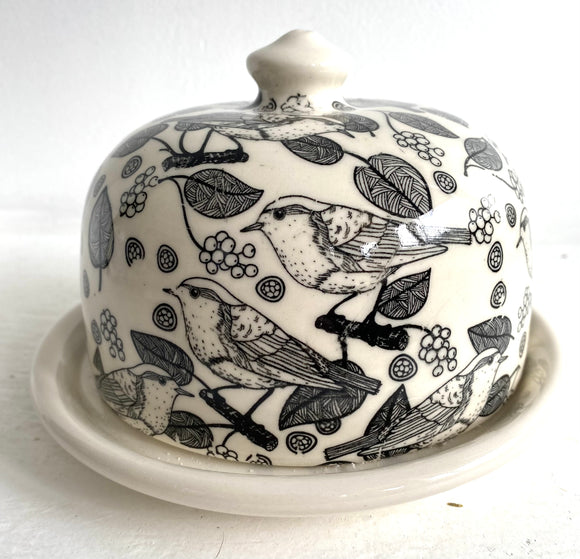 Butter Dish with Black Birds and Grapes