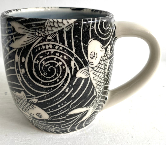 Porcelain Pottery Mug with Koi in Swirling Water Blue Liner