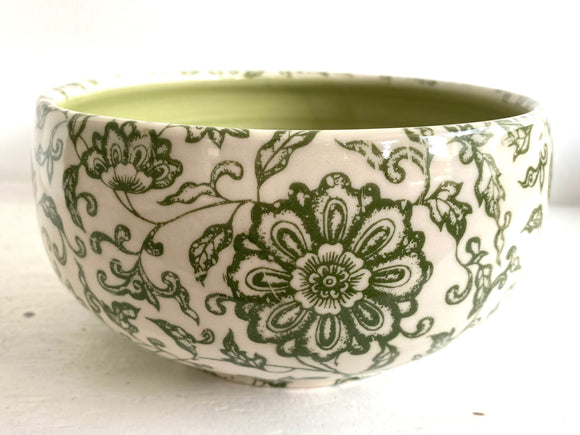 Porcelain Pottery Bowl with Green Lotus Flowers in an Arabesque