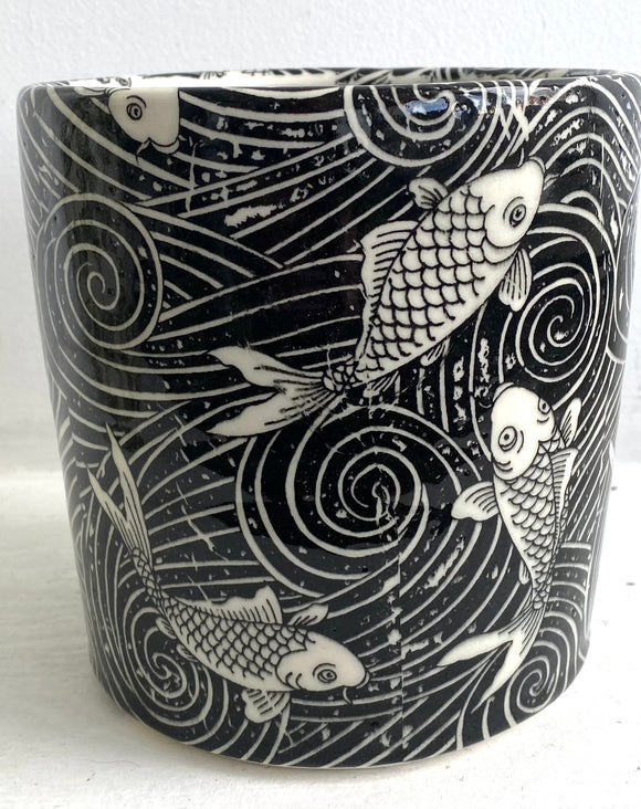Porcelain Pottery Utensil Tub with Koi in Swirling Black Water