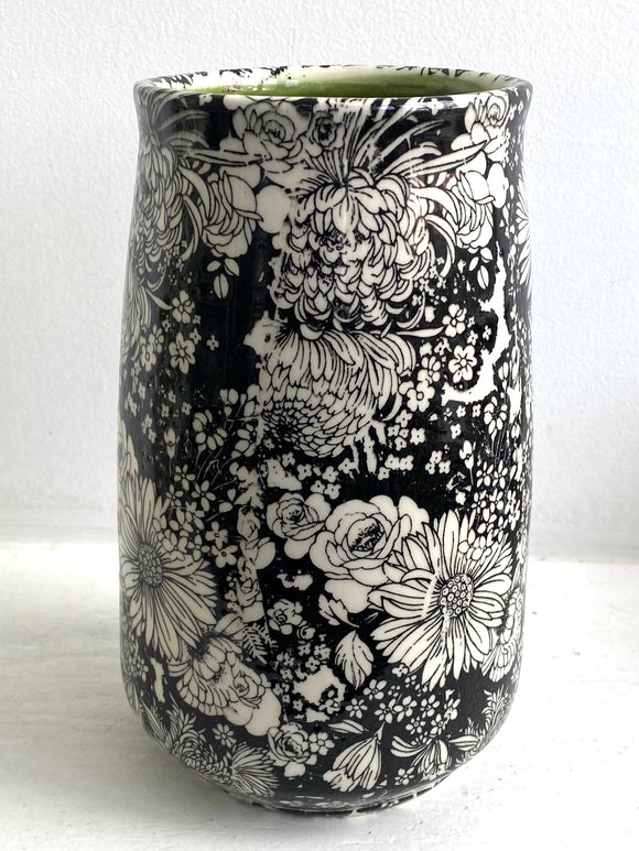 Porcelain Pottery Vase with Dahlias/Green Liner