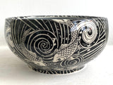 Porcelain Pottery Bowl with Koi in Swirling Water/Black Pattern/Blue Liner Glaze