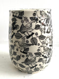 Porcelain Pottery Vase with Black birds and grapes Large/Green Liner