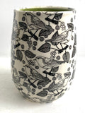 Porcelain Pottery Vase with Black birds and grapes Large/Green Liner