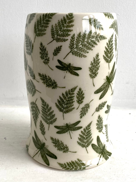 Porcelain Pottery Vase with Dragonflies and GREEN Ferns