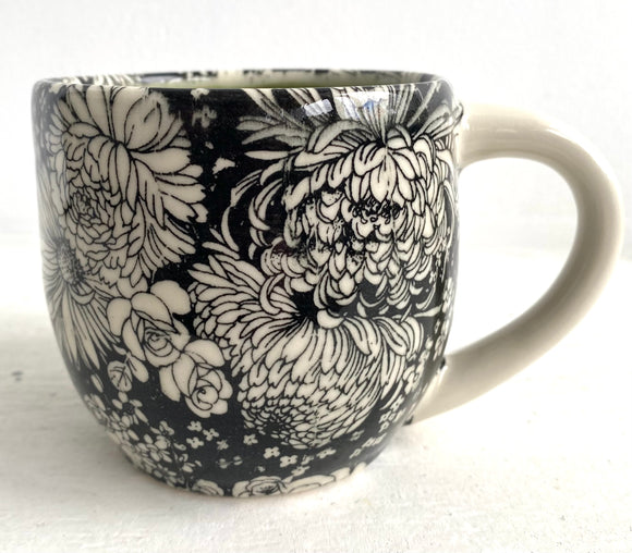 Porcelain Pottery Mug Large with Dahlias/Green Liner/NEW SHAPE
