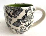 Porcelain Pottery Mug with Black Birds and Grapes/Green Liner
