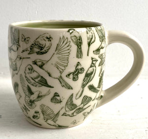 Porcelain Pottery Mug with Green Birds and Butterflies