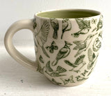 Porcelain Pottery Mug with Green Birds and Butterflies