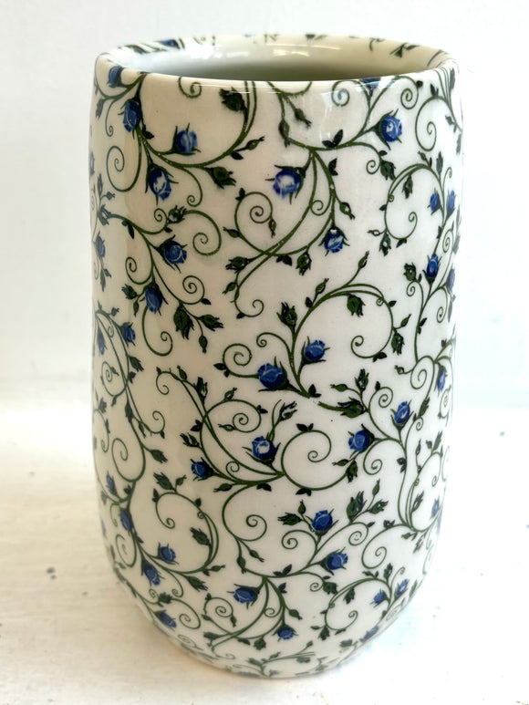 Porcelain Pottery Vase with Blue Roses on Green Vines NEW PATTERN