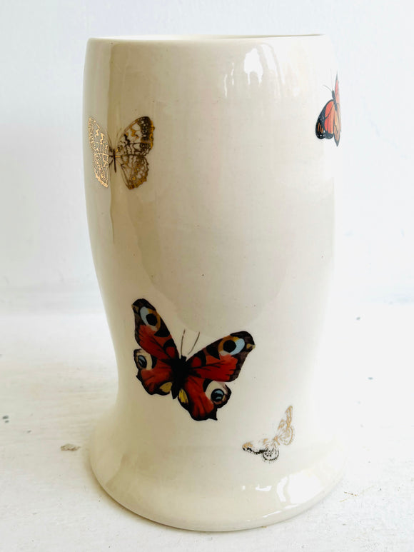 Porcelain Pottery Vase with Orange and 22k Gold Butterflies