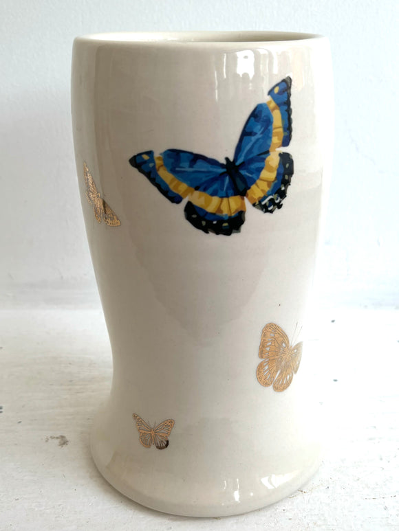 Porcelain Pottery Vase with Royal Blue and 22k Gold Butterflies