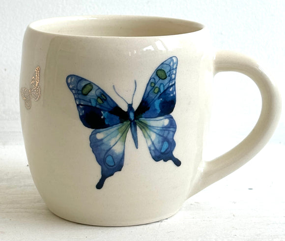 Porcelain Pottery Mug Blue with Tails/Gold Butterflies 07