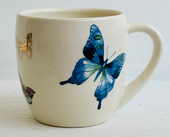 Porcelain Pottery Mug Blue with Tails/Gold Butterflies 06