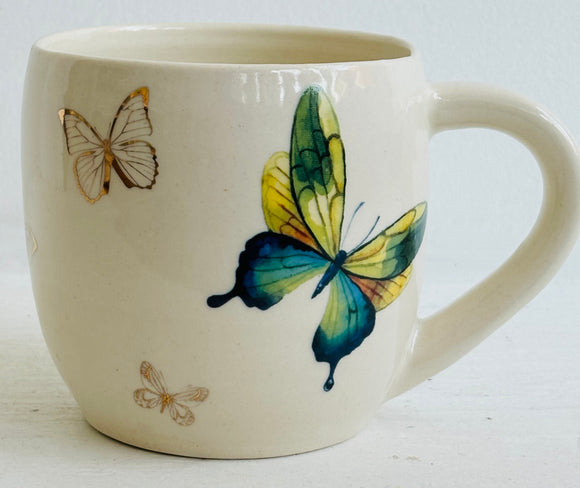 Porcelain Pottery Mug Blue/Green with Tails/Gold Butterflies 08