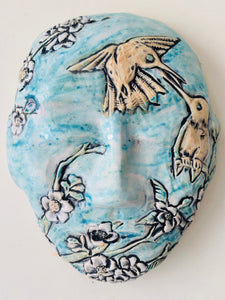 Wall Work: Large Meditation Mask with Cherry Blossoms and 2 Hummingbirds