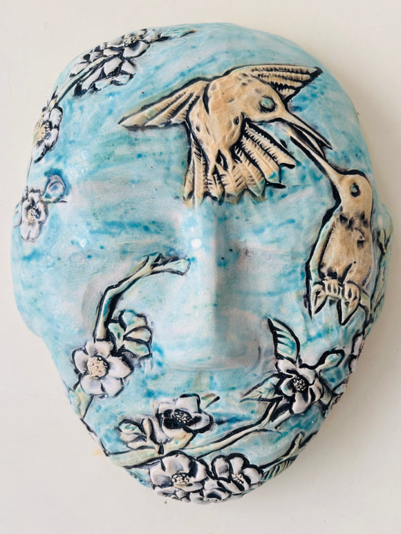 Wall Work: Large Meditation Mask with Cherry Blossoms and 2 Hummingbirds