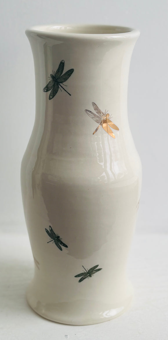 Porcelain Pottery Vase with Dragonflies in Green and 22K GOLD (Two)