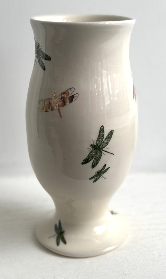 Porcelain Pottery Vase with Dragonflies in Green and 22K GOLD