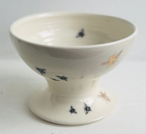 Bee Ware Porcelain Pottery Footed Bowl with Gold Bees Tall