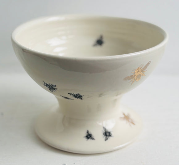 Bee Ware Porcelain Pottery Footed Bowl with Gold Bees Tall