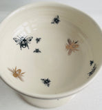 Bee Ware Porcelain Pottery Footed Bowl with Gold Bees Tall