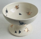 Bee Ware Porcelain Pottery Footed Bowl with Gold Bees Tall