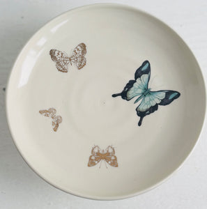 Porcelain Pottery Footed Bowl with Blue and Gold Butterflies