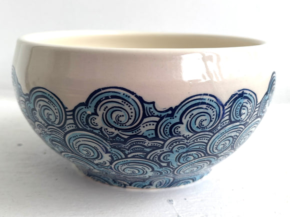 Porcelain Pottery Bowl with Blue Waves