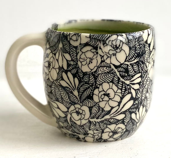 Porcelain Pottery Mug with Black Stained Glass Floral/Green Liner