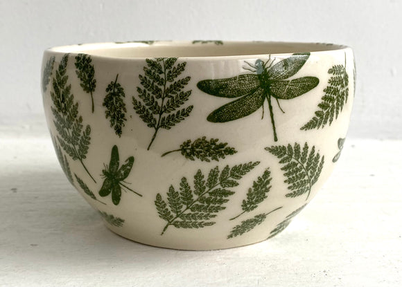 Porcelain Pottery Cereal/Soup Bowl with Dragonflies and Ferns