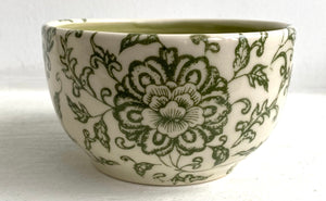 Porcelain Pottery Cereal/Soup Bowl with Green Lotus Flowers in an Arabesque/Green Liner