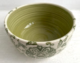 Porcelain Pottery Cereal/Soup Bowl with Green Lotus Flowers in an Arabesque/Green Liner