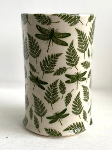 Porcelain Pottery Vase with Green Dragonglies and Ferns/Green Liner