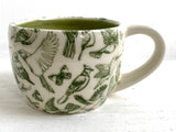 Porcelain Pottery Cappucino Mug with Green Birds and Butterflies
