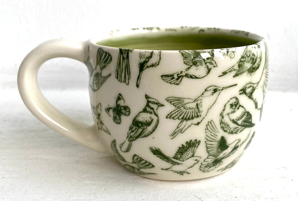 Porcelain Pottery Cappucino Mug with Green Birds and Butterflies