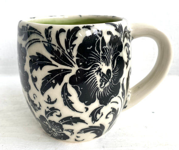Porcelain Pottery Mug with Black Poppy Flower Transfer/Green Liner Glaze