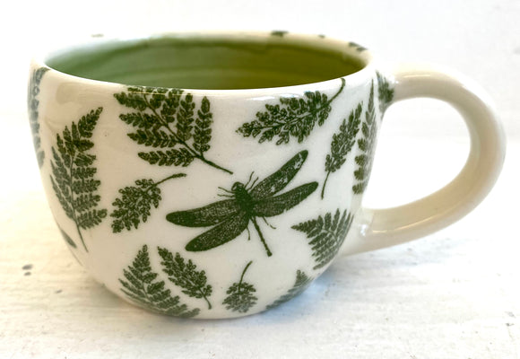 Porcelain Pottery Cappucino Mug with Green Dragonflies and Ferns