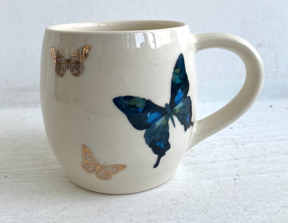 NEW! Porcelain Pottery Mug Blue/Gold Butterflies 02