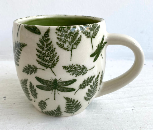 Porcelain Pottery Mug with Green Ferns and Dragonflies