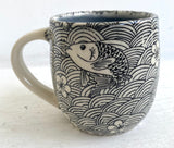 Porcelain Pottery Mug with Koi in Water/Blue Liner/NEW SHAPE