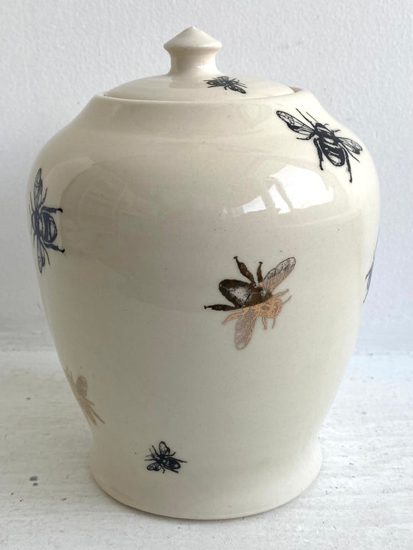 Porcelain Pottery Jar with Black and Gold Bees, medium